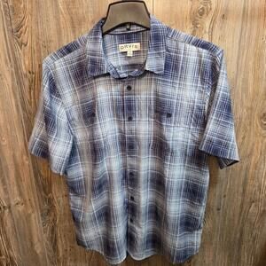 Orvis Woven Tech Shirt Men's Large Blue Check Short Sleeve Button-Up Two Pocket